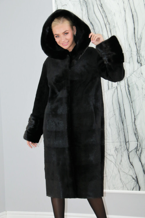 Пальто из меха болотного бобра,капюшон отделка норка., черный, 115 см