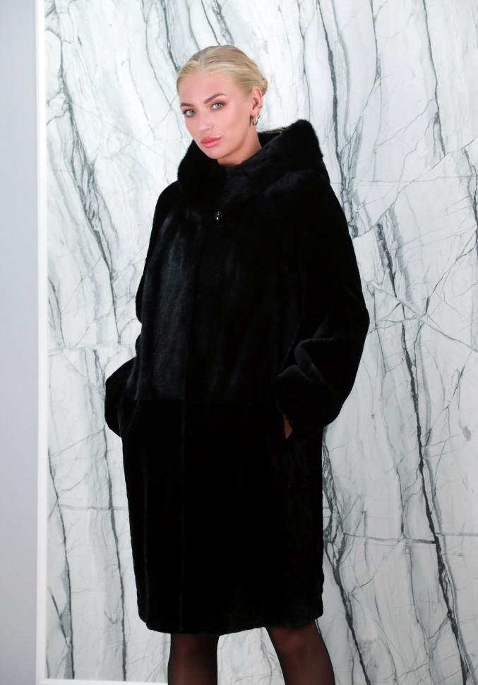 Шуба из меха овчины, капюшон норка. Арт.722-М РТ-2269
