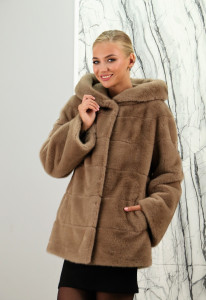 Шуба из эко меха под норку, в цвете капучино, капюшон. Арт.Э-244 РТ-8390