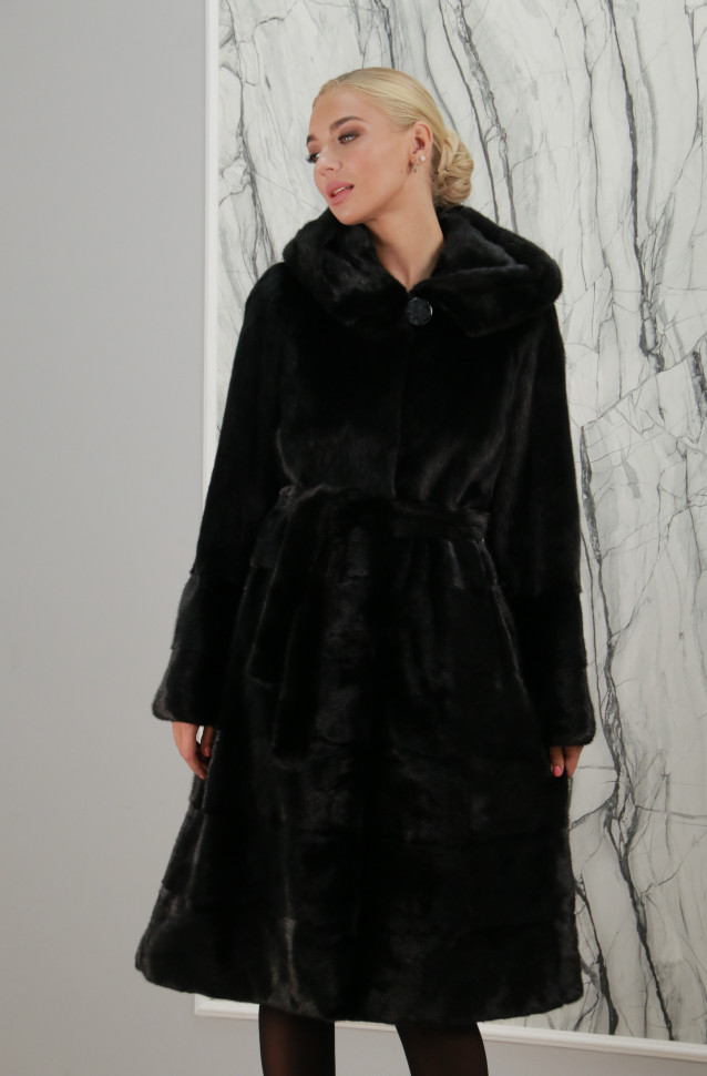 Шуба из меха норки, капюшон., черный, 110 см. Р-ZX-20 PT-7772