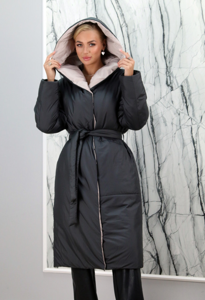 Пуховик прямого кроя, пояс/капюшон. Арт.РМ-72128, РТ-9590