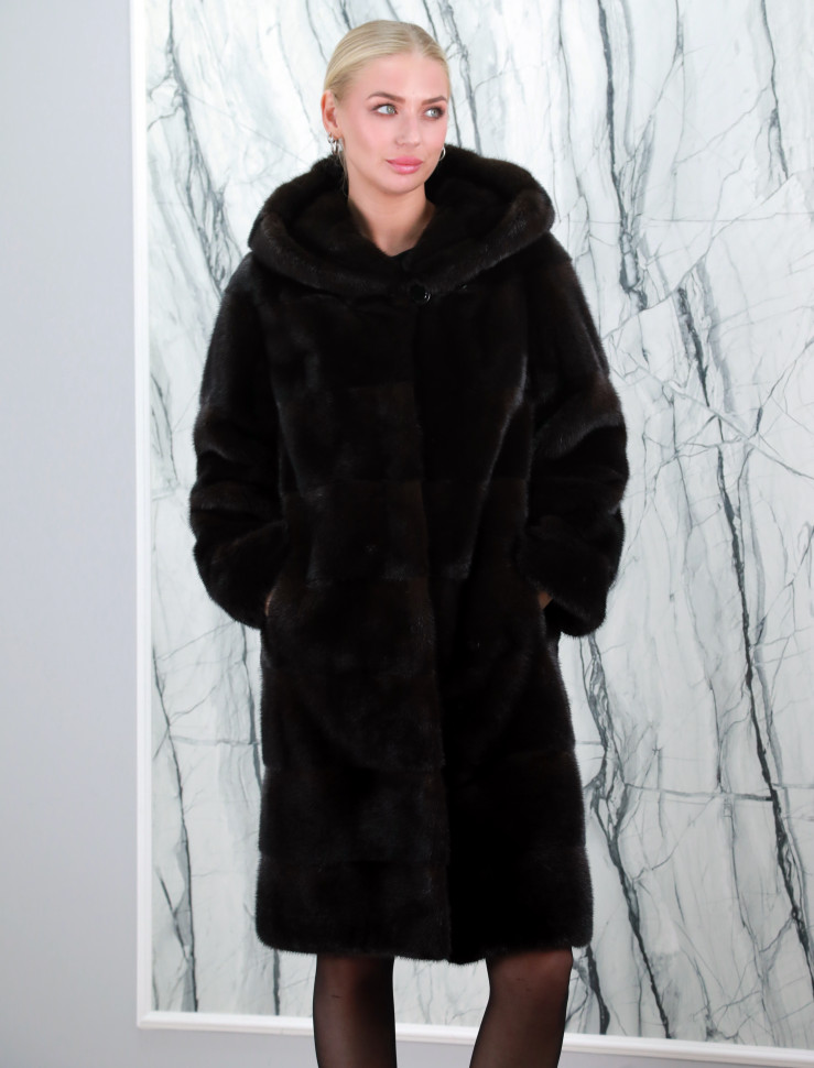 Шуба из меха аукционной норки, поперечного кроя/капюшон. Арт. 456 РТ-4061
