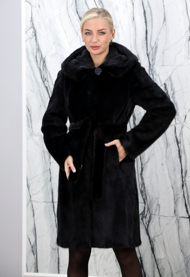 Шуба из меха норки,пояс/капюшон. Арт.Инесса8008 РТ-4440