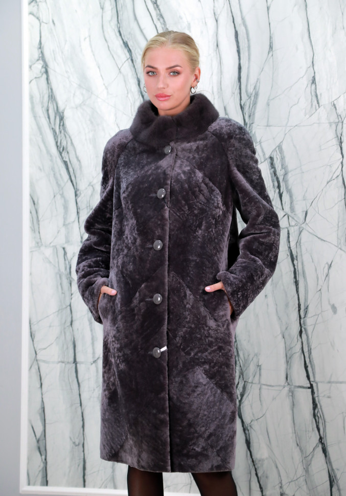 Шуба из меха овчины(астраган), воротник норка. Арт.С-313 РТ-4716