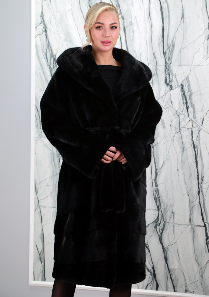 Шуба из меха аукционной норки, паркетная раскладка меха/капюшон. Арт.15071 РТ-10029