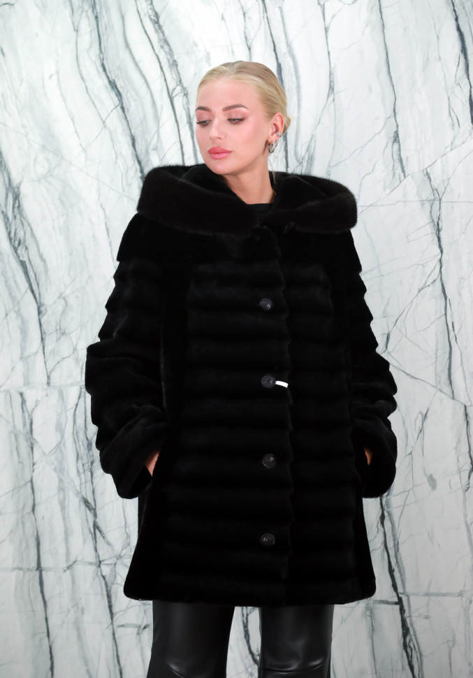 Полушубок из меха овчины, капюшон норка. Арт.М-224 РТ-3748
