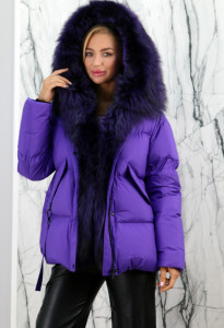 Куртка утепленная (гусиный пух), капюшон/борт мех чернобурки., фиолетовый, 75 см