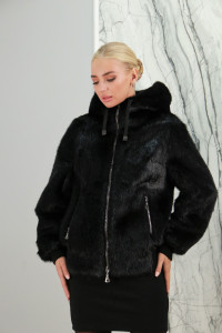 Шуба из меха нутрии, капюшон, черный, 65 см. Арт. Ф-27 РТ-7483