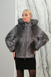 Шуба из меха нутрии, капюшон, серебро, 65 см. Арт. Ф-27 РТ-7482