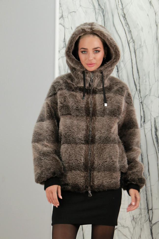 Куртка из меха нутрии, капюшон., фундук, 65 см, артикул - Ф-27/2 РТ-7481