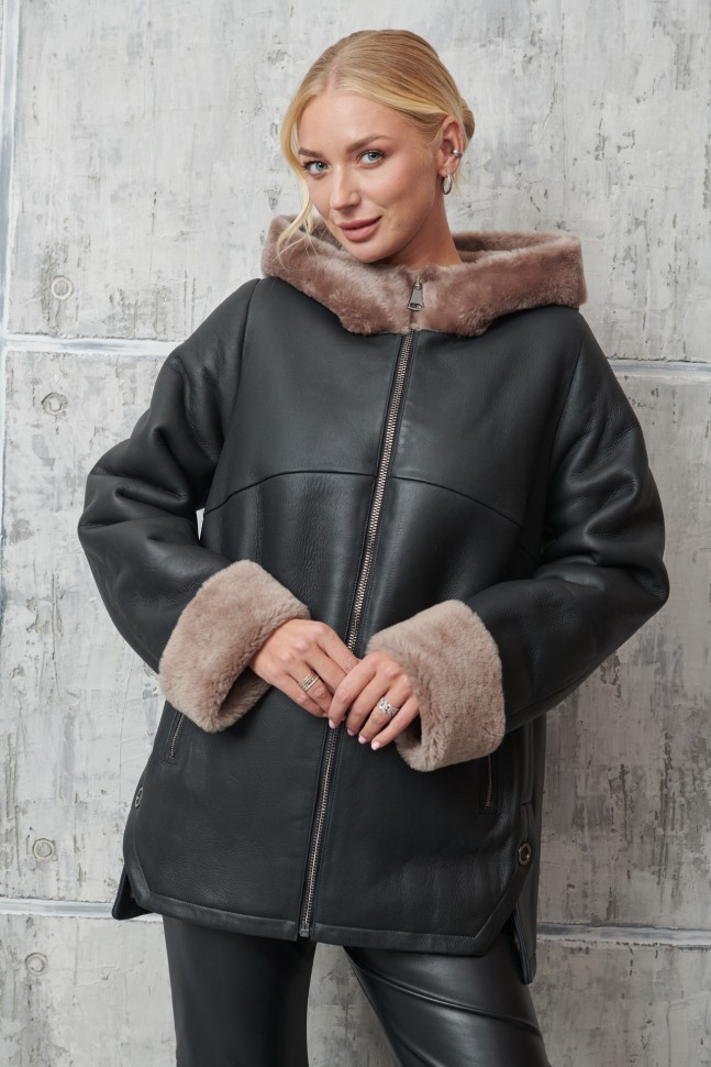 Дубленка из натуральной овчины, на замке/капюшон. Арт.K-2692LK|800OF РТ-10969