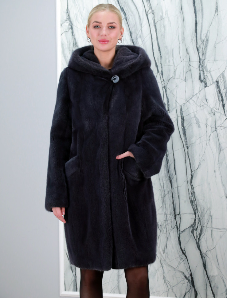 Шуба из меха аукционной норки, баллон/капюшон. Арт. К-547 РТ-10220