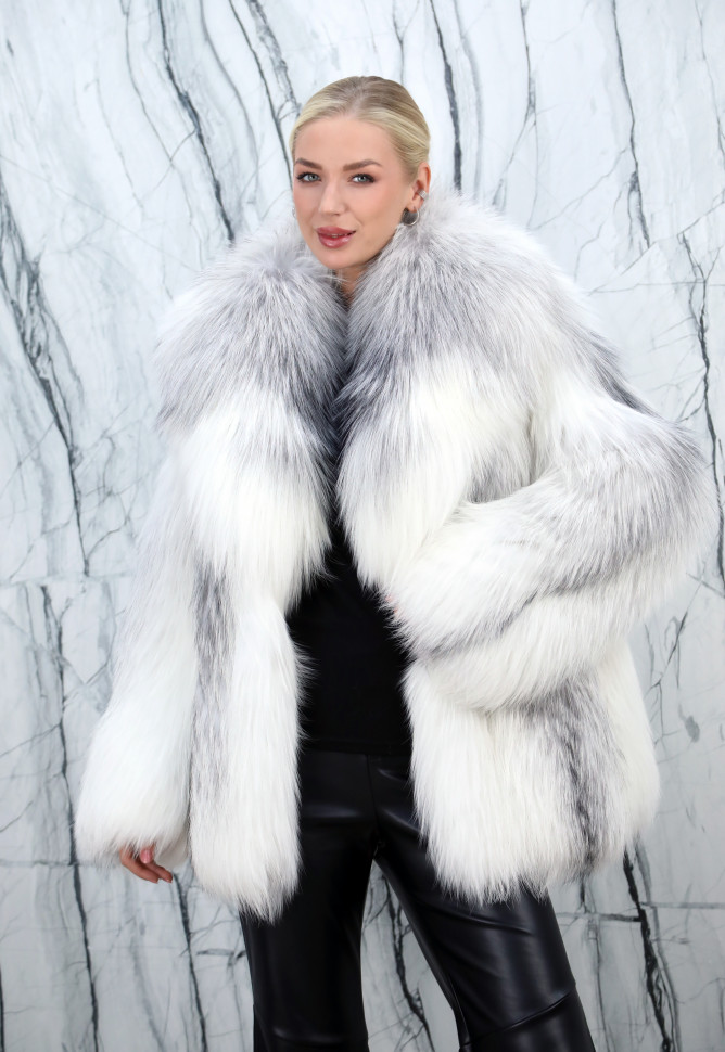 Шуба из меха  аукционной премиальной чернобурой лисы, Silver Fox(крестовка)английский ворот. Арт.25068 РТ-10699