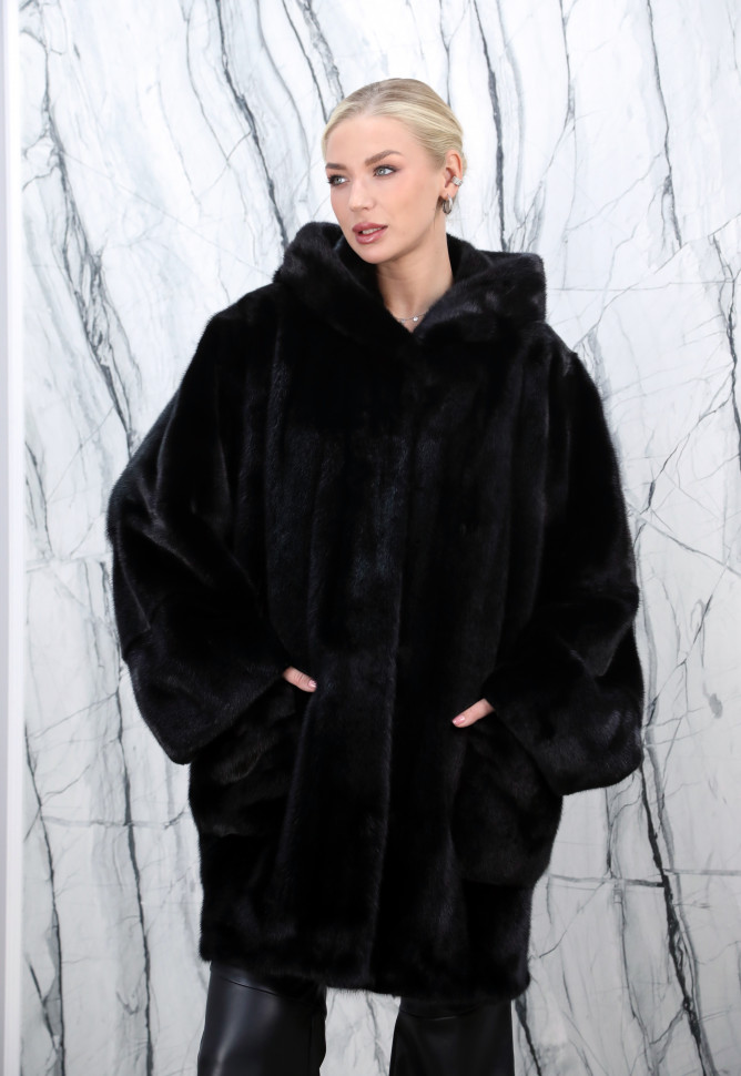 Шуба из меха аукционной норки Nafa, капюшон. Арт.WD381  РТ-10709