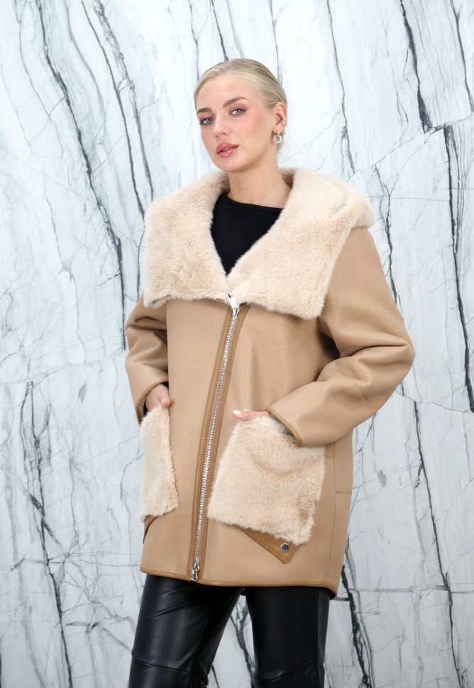 Дубленка из искусственного меха, на замке/капюшон. Арт.14 РТ 10330