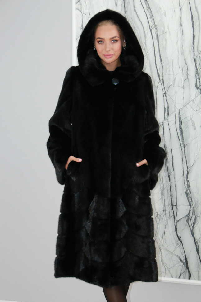 Шуба из меха норки, капюшон., черный, 110 см. P-ZX-2122 PT-7696