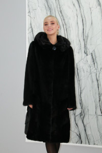 Шуба из меха аукционной канадской норки, капюшон., черный, 105 см. P-ZX-2009 РТ-7697