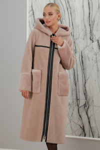 Шуба из 100% натуральной шерсти, пудра, 115 см, капюшон. Арт.Э-92 РТ-7826