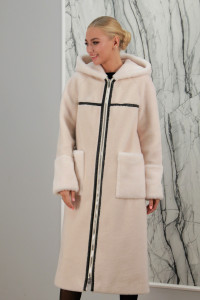 Шуба из 100% натуральной шерсти, белый, 115 см, капюшон. Арт.Э-92 РТ-7827