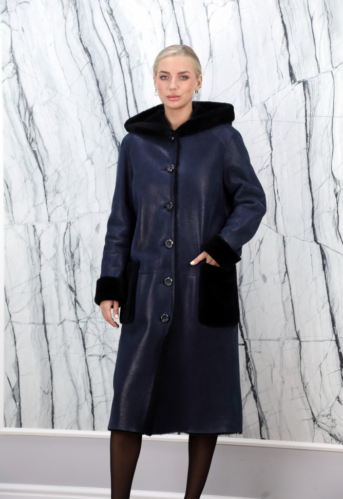 Дубленка из натурального меха овчины, на пуговицах/капюшон. Арт.Z-7426 РТ-4238