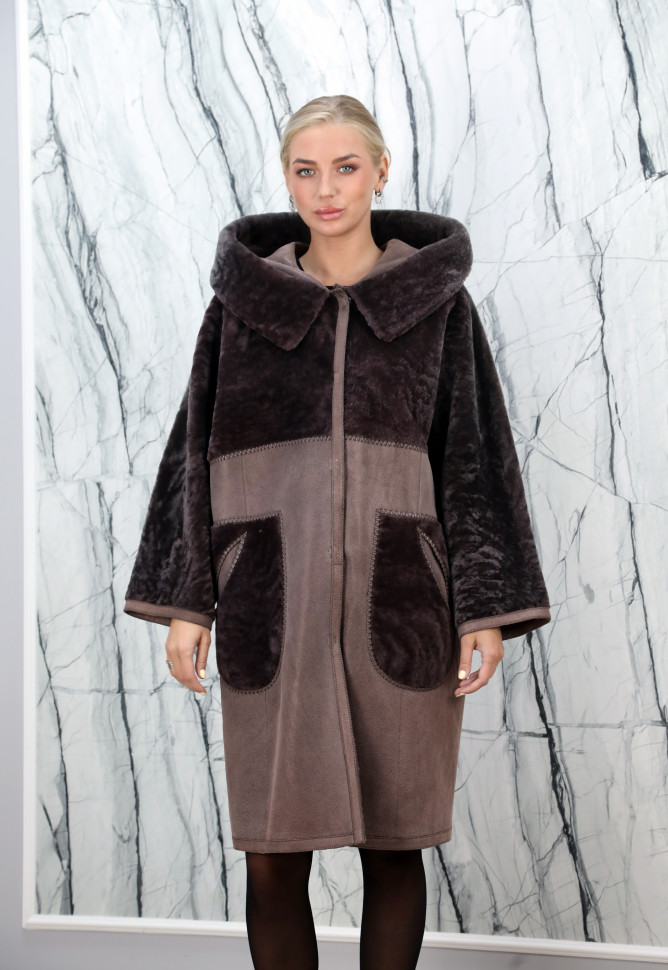 Дубленка из натурального меха овчины, капюшон. Арт.5034-80 РТ-3235