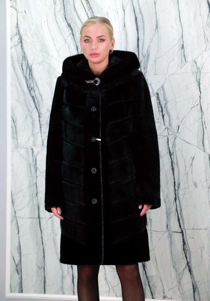 Шуба из меха овчины, капюшон отделка норка. Арт.М-203 РТ-2446