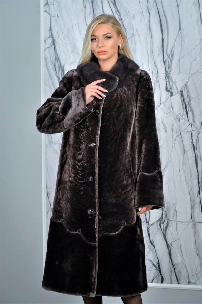 Шуба из меха мутон Люкс. Ворот норка., уголь, 115 см. Арт. М-1408, РТ-2456