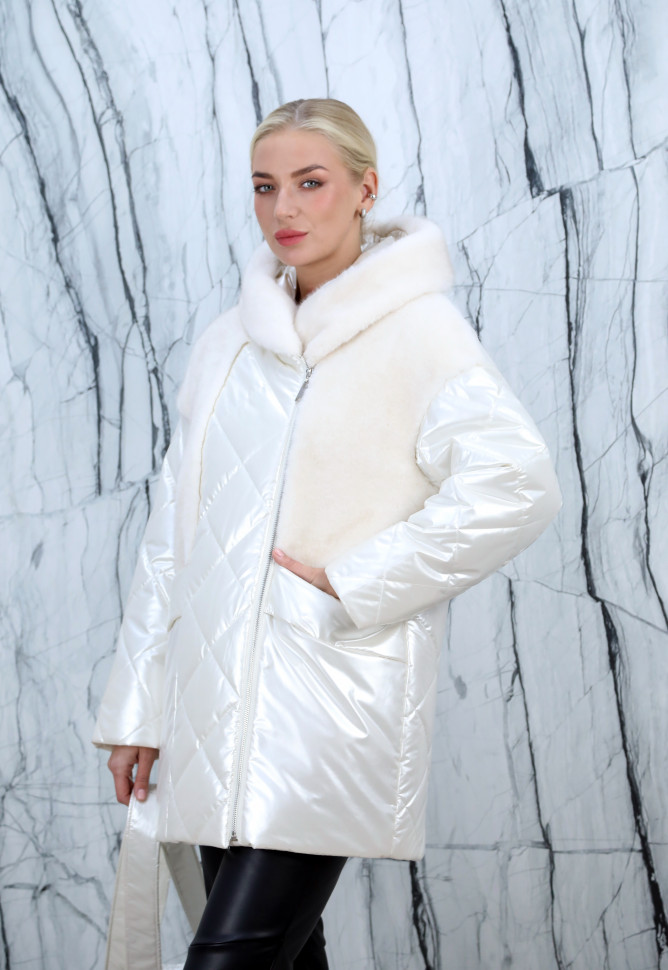 Пуховик утепленный (верблюжья шерсть)отделка экомех, пояс/капюшон. Арт.М23956 РТ-9671