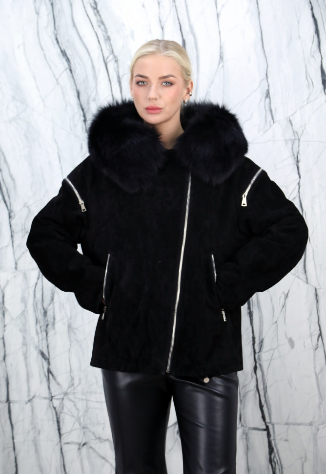 Куртка из натуральной кожи, на замке/капюшон мех песца. Арт.25713 РТ-10431