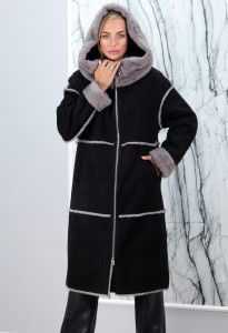 Дубленка из искусственного меха, отделка капюшона экомех норки. Арт. S32259 РТ-9777