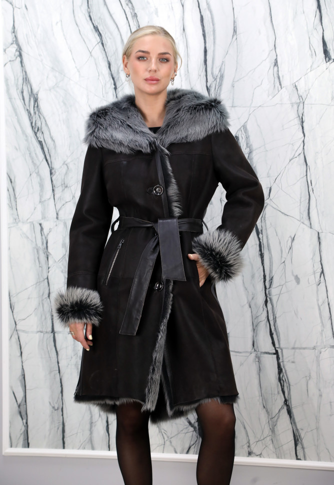 Дубленка из натурального меха овчины,на пуговицах/капюшон тоскана. Арт.AR-1832Q РТ-5189