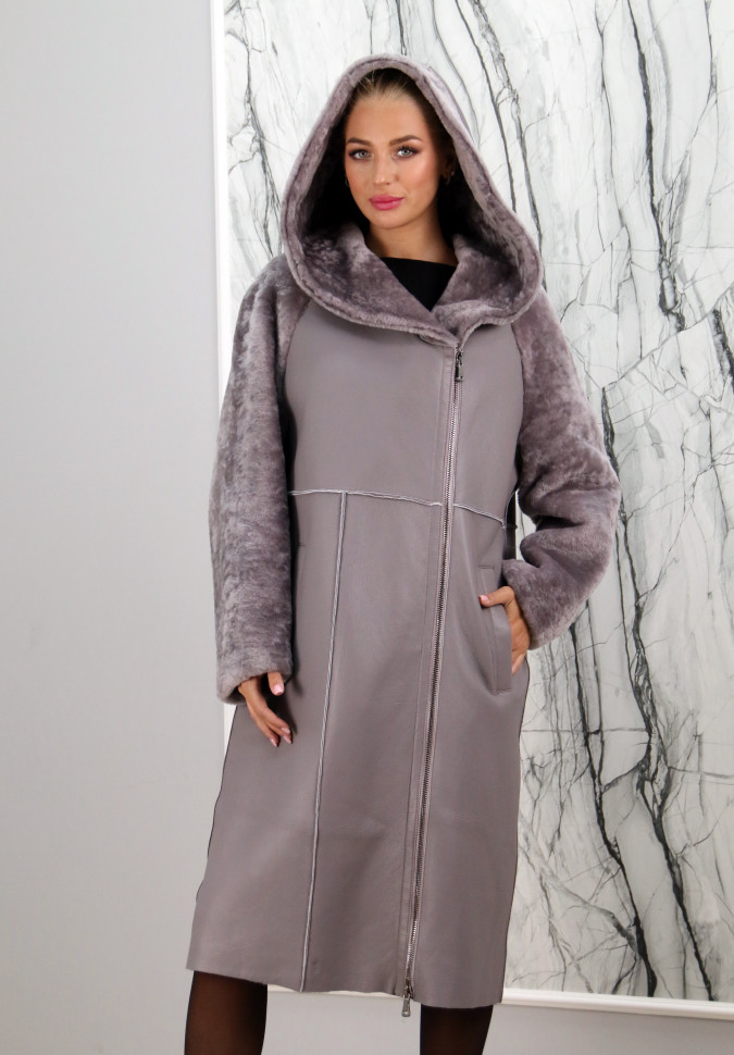 Дубленка из натуральной овчины, на замке. Капюшон. Артикул 7395, РТ-8670