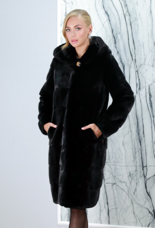 Шуба из меха норки, поперечного кроя/капюшон. Арт.17811в РТ-8205