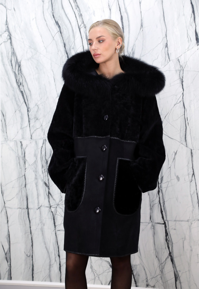 Дубленка из натурального меха овчины, капюшон мех лисица. Арт.7168-90KPST РТ-9404