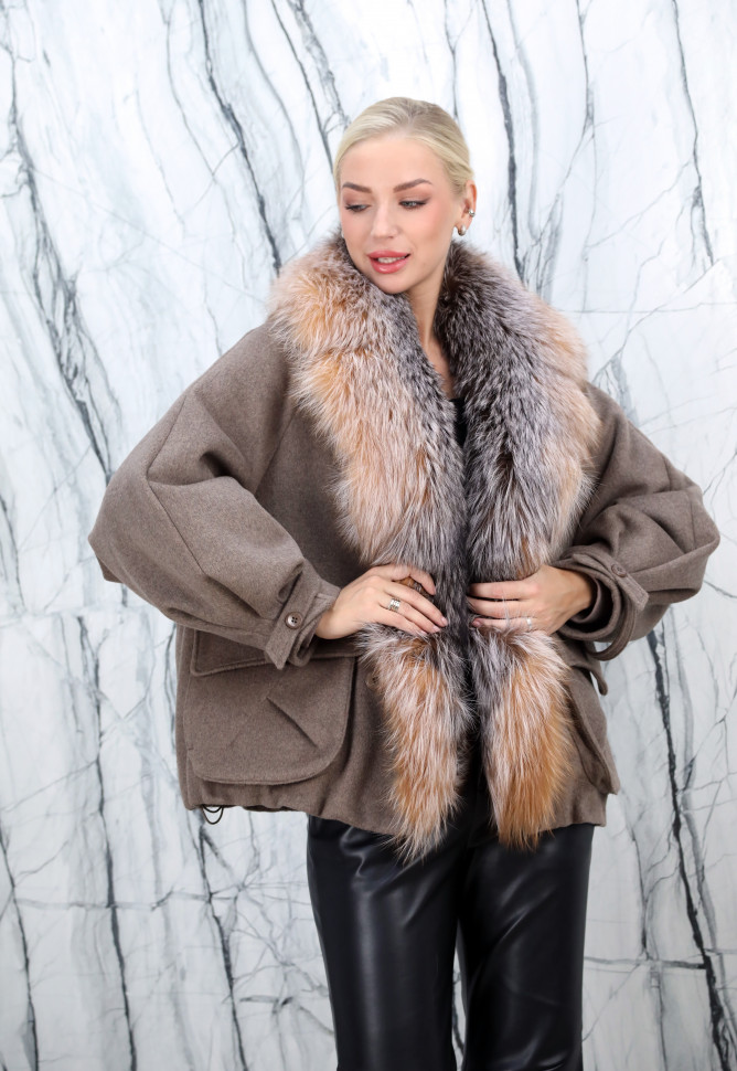 Полупальто зимнее кашемировое, отделка ворот  мех аргентинской лисы. Арт.25838 РТ-10428