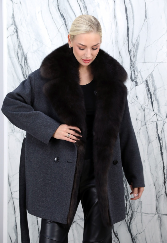 Полупальто зимнее кашемировое, отделка ворот мех финский песец. Арт.6038 РТ-10357